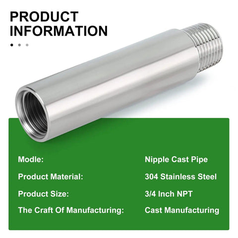 Image of a 2 Pack 3 Quarter Inch NPT Stainless Steel Pipe Nipples 4 Inch Length Male To Female Threaded Thickened Cast Pipe 304 Stainless Steel Corrosion Resistant For Plumbing DIY Home Improvement Projects, showing detailed specifications on green background.