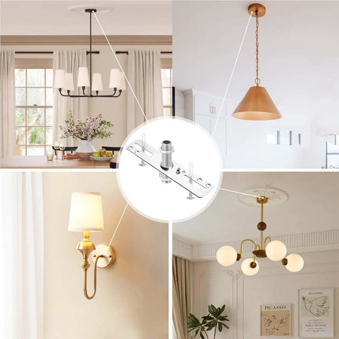 4 Inch Ceiling Light Mounting Bracket Kit - Universal Crossbar Hardware Set For Chandeliers And Wall Lights, 4-Pack Silver Steel Brackets With 3 Eighth Inch Lamp Pipes, Easy Install, Durable And Flexible Fit. silver steel bracket shown with chandelier and wall light installs