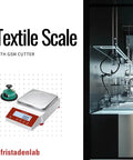 Digital Textile Scale And GSM Cutter Kit For Fabric Pros And DIYers, 2000g X 0.01g Precision, shown next to a lab setup.