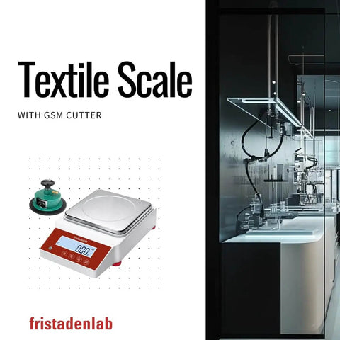 Digital Textile Scale And GSM Cutter Kit For Fabric Pros And DIYers, 2000g X 0.01g Precision, shown next to a lab setup.