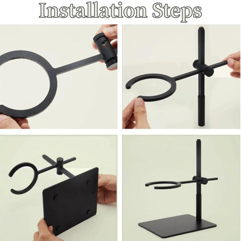 Adjustable Pour Over Coffee Stand Featuring Rock Solid Aluminum Base For Home Office Brewing Installation steps with components shown.