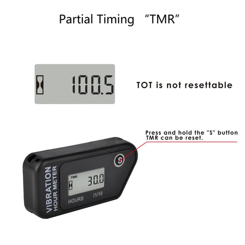 Vibration Activated Digital Hour Meter Self Powered Wireless Resettable Job Timer With User Lock For Generator Lawn Mower Motor Marine ATV And Gear That Vibrates At Work, black digital display