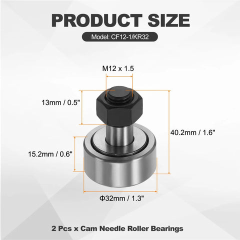 Two Pack CF12-1 KR32 Needle Roller Bearing Set With 32mm Roller Diameter Bolt Type Track Runner dimensions