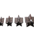 Four star shape alloy steel leather cutting dies in various sizes, part of the Star Shape Leather Cutting Dies Set Four Piece Alloy Steel Hollow Cutter Punch Tools With Storage Box Perfect For EVA Foam, Fiberboard, And Clay Crafts, Durable, Precise, And Easy To Use For DIY Makers.