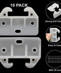 White Plastic Drawer Guides 10 Pack Comes With 20 Screws Hassle Free Install Smooth Glide Hardware For Kitchen Cabinets and Bedroom Dressers, close-up view of two drawer tracks.