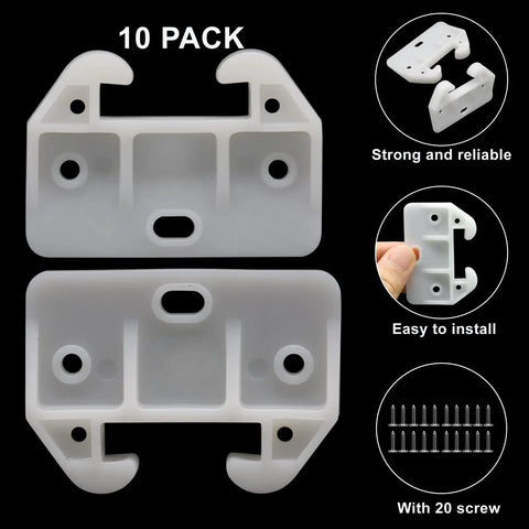 White Plastic Drawer Guides 10 Pack Comes With 20 Screws Hassle Free Install Smooth Glide Hardware For Kitchen Cabinets and Bedroom Dressers, close-up view of two drawer tracks.