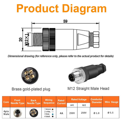 Diagram showing 10 Pack M12 4 Pin Aviation Connector A Code Male IP67 Waterproof details and specs including brass pins and wiring.