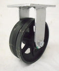 Super Smooth Rolling 6 Inch Steel Caster Wheels Set Of Four With 7/8-Inch V Groove Guide, 1000 Lb Load Per Wheel, Built Legit And Ready To Roll For Tool Boxes, Industrial Carts, Furniture Sliders, And Weekend Warrior Setups - Close-up of a single black steel caster wheel.