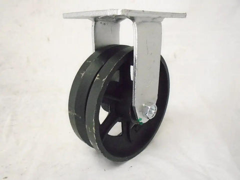 Super Smooth Rolling 6 Inch Steel Caster Wheels Set Of Four With 7/8-Inch V Groove Guide, 1000 Lb Load Per Wheel, Built Legit And Ready To Roll For Tool Boxes, Industrial Carts, Furniture Sliders, And Weekend Warrior Setups - Close-up of a single black steel caster wheel.