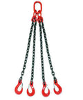 Heavy Duty Four Strand Lifting Chain Sling With Industrial Hoist Chain And Secure Locking Hook, four red hooks and sturdy chains.