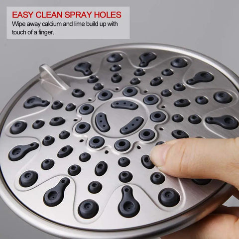 Close-up of spray holes on Three-Handle Tub And Shower Faucet Set In Brushed Nickel with Tub Spout showing easy clean feature.