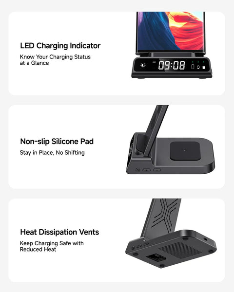 3 In 1 Wireless Charging Station For Galaxy Phones Watches And Buds With Dimmable Digital Clock showing LED indicator