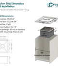 Diagram showing dimensions and installation for Undermount Bar Sink 17 by 19 Inch, 304 Stainless Steel 16 Gauge for Small Kitchen.