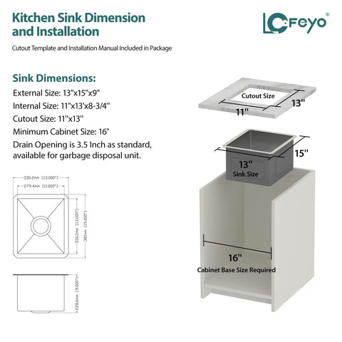Diagram showing dimensions and installation for Undermount Bar Sink 17 by 19 Inch, 304 Stainless Steel 16 Gauge for Small Kitchen.