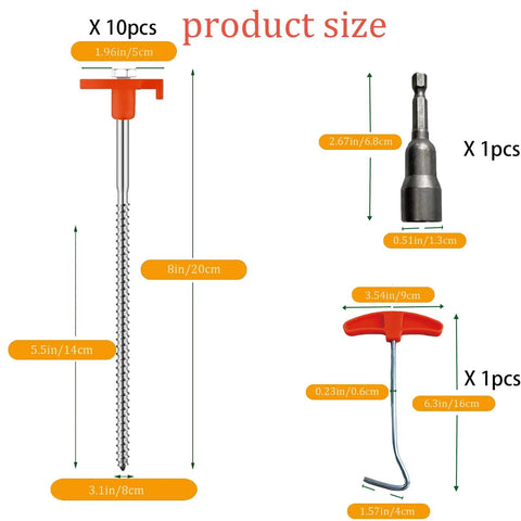 10 Pack 8 Inch Heavy Duty Screw In Tent Stakes Drill In Non Rust Ground Anchor Pegs Metal Tent Accessories size diagram