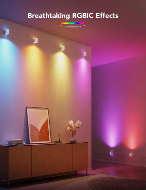 Modern Cube Wall Sconces With Adjustable Cable Distance And Smart RGBic LED Fixture That Hooks Up To Alexa For Chill Living Room Vibes And Fast Plug And Play Mounting Anytime You Want Dope Accents, showcasing colorful RGBIC lighting effects.