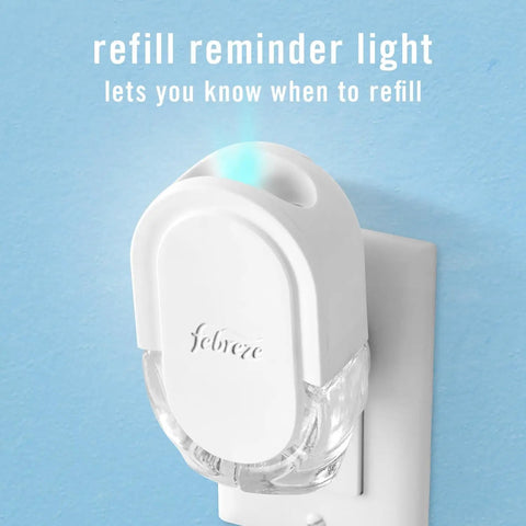 Plug In Air Freshener Starter Kit With Odor Fighting Scented Oils Warmer Plus Two Refills, Gain Original Scent, showing refill reminder light