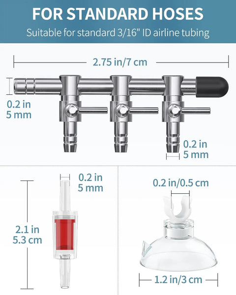 Sick Three Way Aquarium Air Flow Control Valve Manifold For Air Pumps And Fish Tanks With Adjustable Flow Levers three outlets and suction cup mounts.