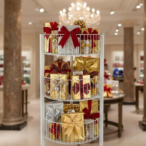 Three Tier Round Wire Dump Bins Display Stand For Retail Floors, 18 Inch Bins, 45 Inch Tall, with gift boxes in a store.