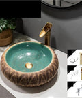 Modern Ceramic Vessel Sink Basin For Bathroom And Balcony Counter Top with teal interior and textured exterior.