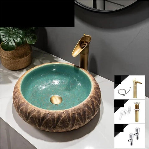 Modern Ceramic Vessel Sink Basin For Bathroom And Balcony Counter Top with teal interior and textured exterior.