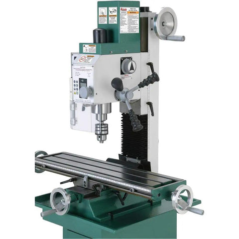 Built Like A Tank One Horsepower Mill And Drill Combo With Rock Solid Base Providing Smooth Variable Speed Control R8 Taper Dovetail Column And Wide T Slot Platform For Demanding Machining Tasks - top view of the mill drill controls and spindle.