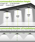 Recommended installation height and spacing for 150W, 200W, and 240W LED high bay lights for optimal brightness.