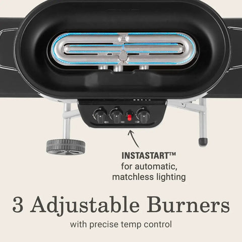 RoadTrip 285 Portable Stand Up Propane Grill With 3 Adjustable Burners Instastart Ignition control panel close-up view.