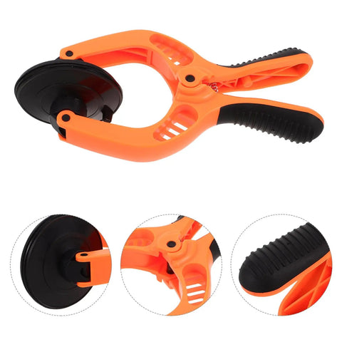 Front view of Phone Screen Separation Tool with Suction Cup Pliers for Fast Durable Mobile Screen Repairs, featuring orange pliers and black suction cups.