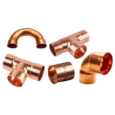 Multi Size Copper End Feed Pipe Fitting Set For Air Conditioning, One Quarter To One Inch, U, T, and elbow fittings visible