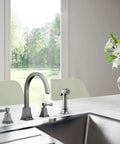 Torino Classic Modern 2 Handle Kitchen Faucet With Side Sprayer Satin Nickel Finish on white countertop, 4-hole mount
