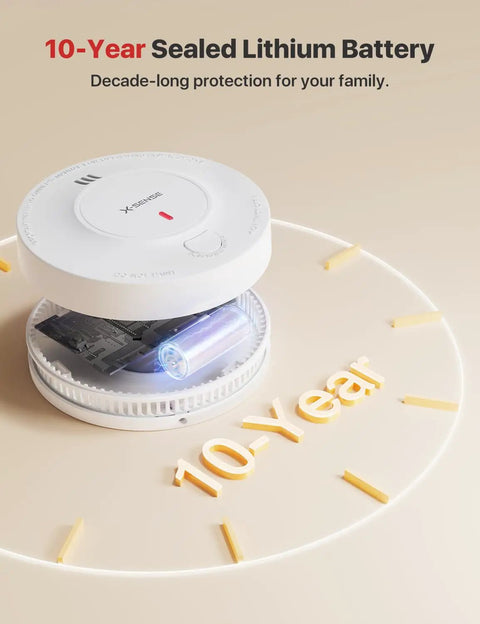 10-Year Sealed Lithium Battery inside an interconnected smoke alarm for long-lasting fire safety protection.