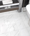 White Marble Peel And Stick Floor Tiles 12x12 Self Adhesive Waterproof Vinyl Flooring For Bathroom shown in elegant setting
