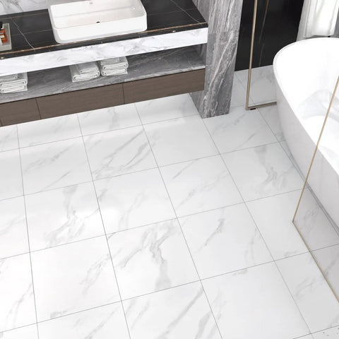 White Marble Peel And Stick Floor Tiles 12x12 Self Adhesive Waterproof Vinyl Flooring For Bathroom shown in elegant setting