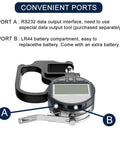 Digital Thickness Gauge 0 To 12.7mm And 0.5In With 0.01mm 0.0005In Resolution, Easy Read LCD, Ultra Precise Thickness Meter For Paper Film Leather And Wire, Great For Printing Press Settings Black, side view showing RS232 port and LR44 battery compartment