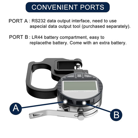 Digital Thickness Gauge 0 To 12.7mm And 0.5In With 0.01mm 0.0005In Resolution, Easy Read LCD, Ultra Precise Thickness Meter For Paper Film Leather And Wire, Great For Printing Press Settings Black, side view showing RS232 port and LR44 battery compartment