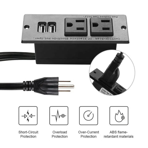 Conference Recessed Power Strip With USB Ports Table Mount Desktop Charging Station Two Outlets And Two USB Ports 6.5 Foot Cord