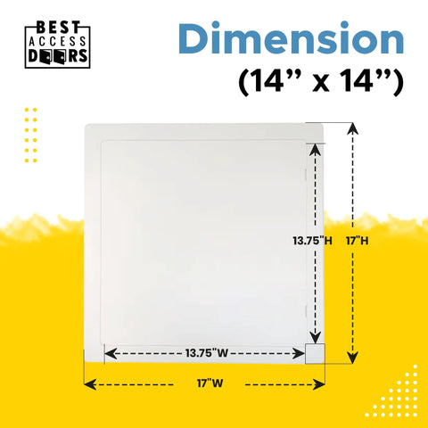 Dimensions of Slick 14X14 Flush Mount Abs Access Panel With Uv Stabilized Drywall Cover, showing 14x14 inch size.