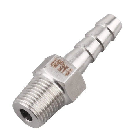 Stainless Steel 1/4 Inch Hose Barb To 1/8 Inch NPT Male Pipe Fitting Pack Of 2 For Home Brew And DIY Plumbing close-up view.