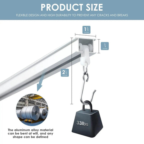 Ceiling Curtain Track System For Room Dividers With Easy Install Aluminum Alloy Rail Kit And Multiple Hooks For 6ft To 9ft Spaces Silver No Fuss Setup Smooth Gliding Operation And Modern Quiet Finish, size chart with 33lb weight