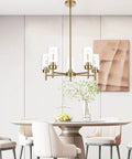 Five Light Farmhouse Chandelier for dining room and kitchen island; matte black pendant lighting with clear glass shades