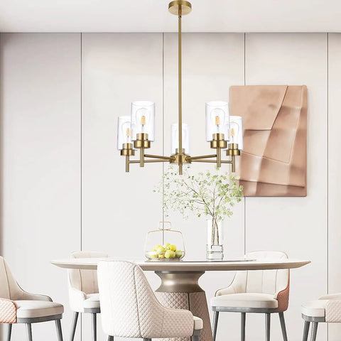 Five Light Farmhouse Chandelier for dining room and kitchen island; matte black pendant lighting with clear glass shades