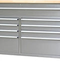 Front view of Big Ol 61 Inch Mobile Tool Chest With 15 Drawers And 18 Inch Deep Wood Top Lockable Rolling Metal Storage Cabinet On Four Wheels.