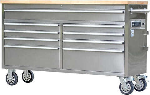 Front view of Big Ol 61 Inch Mobile Tool Chest With 15 Drawers And 18 Inch Deep Wood Top Lockable Rolling Metal Storage Cabinet On Four Wheels.