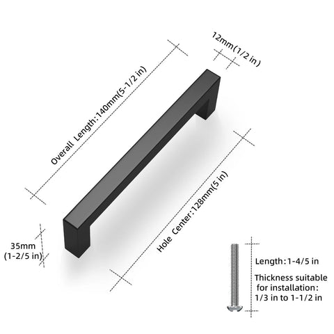 Diagram of 30 Pack Matte Black Stainless Steel Cabinet Pulls Center To Center 5 Inch Square Kitchen Cabinet Handles with dimensions.