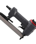 Heavy Duty 18 Gauge Pneumatic Brad Nailer for Carpentry and J Nail Compatibility featuring Built In Viewing Window Plus Quick Release Nose Latch side view.