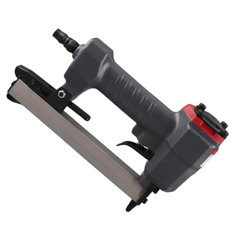 Heavy Duty 18 Gauge Pneumatic Brad Nailer for Carpentry and J Nail Compatibility featuring Built In Viewing Window Plus Quick Release Nose Latch side view.