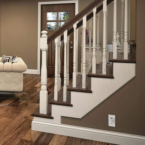 Elegant staircase in modern living room with dark wood steps and white spindles, featuring Bluetooth Enabled 4.0 Smart Internet Access Bridge for Halo Home System Hook It Up With Alexa And Google Assistant, Control Halo Lights Remotely From Anywhere, Easy Setup Remote Hub White.