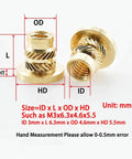 Brass Knurled Hot Melt Threaded Inserts Nuts M3 Size Lock In Solid For Wood And Plastic With Strong Hold To Handle Heavy Torque Stress Without Breaking, detailed dimensions.