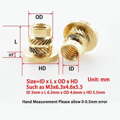Brass Knurled Hot Melt Threaded Inserts Nuts M3 Size Lock In Solid For Wood And Plastic With Strong Hold To Handle Heavy Torque Stress Without Breaking, detailed dimensions.